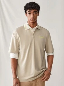 Manfinity VCAY Men Summer Casual Color-Block Letter Print Short Sleeve Polo Shirt With Turn-Down Collar - Khaki - View 4