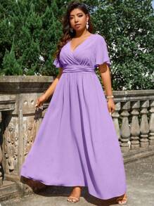 Cravure Đầm Maxi Dài Thanh Lịch Cho Nữ Mùa Hè Cổ Chữ V Xếp Ly Tay Ngắn Xếp Ly Eo Dài Sang Trọng Trang Phục Cưới - Màu tím hoa cà - Xem 9