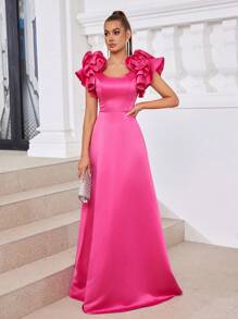 SHEIN Belle 优雅时尚的玫瑰红缎面 3D 花朵装饰方形领口 A 字形复古公主毕业正式优雅晚礼服舞会婚礼宾客礼服，适合晚宴 - 玫紅色 - 查看 5