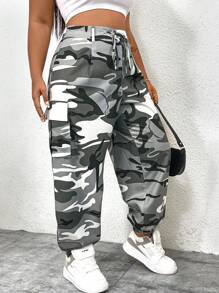 Flirla 加大碼迷彩印花休閒運動長褲，彈性腰帶和束口帶 - 彩色 - 查看 6