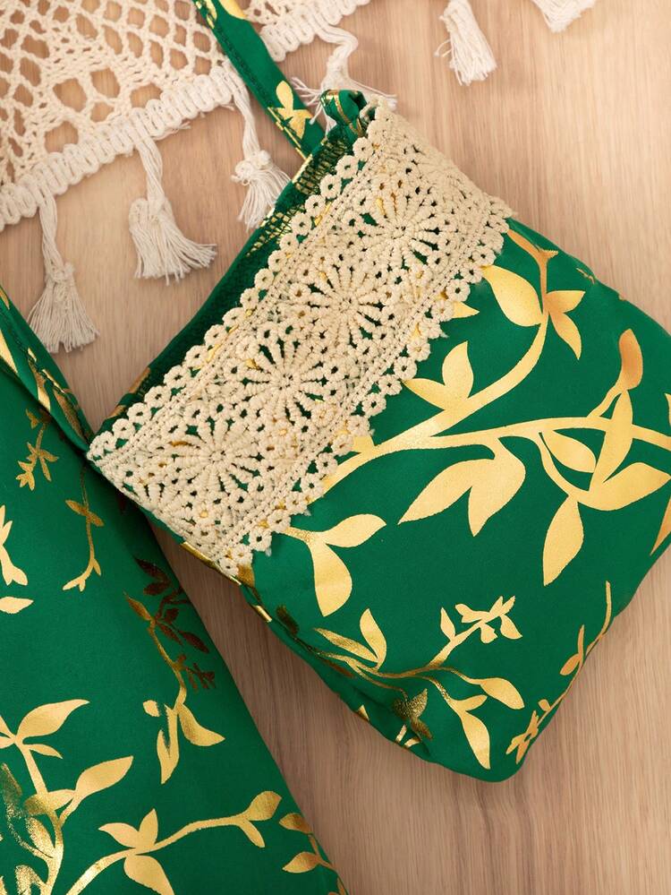 Eid Al-Adha Girls Floral Pattern Lace Trimmed Puff Sleeve Dress With Gold Foil Print And Matching Purse, For Summer