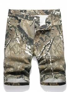 European And American Men Camouflage Ripped Denim Shorts - Multicolor - View 1