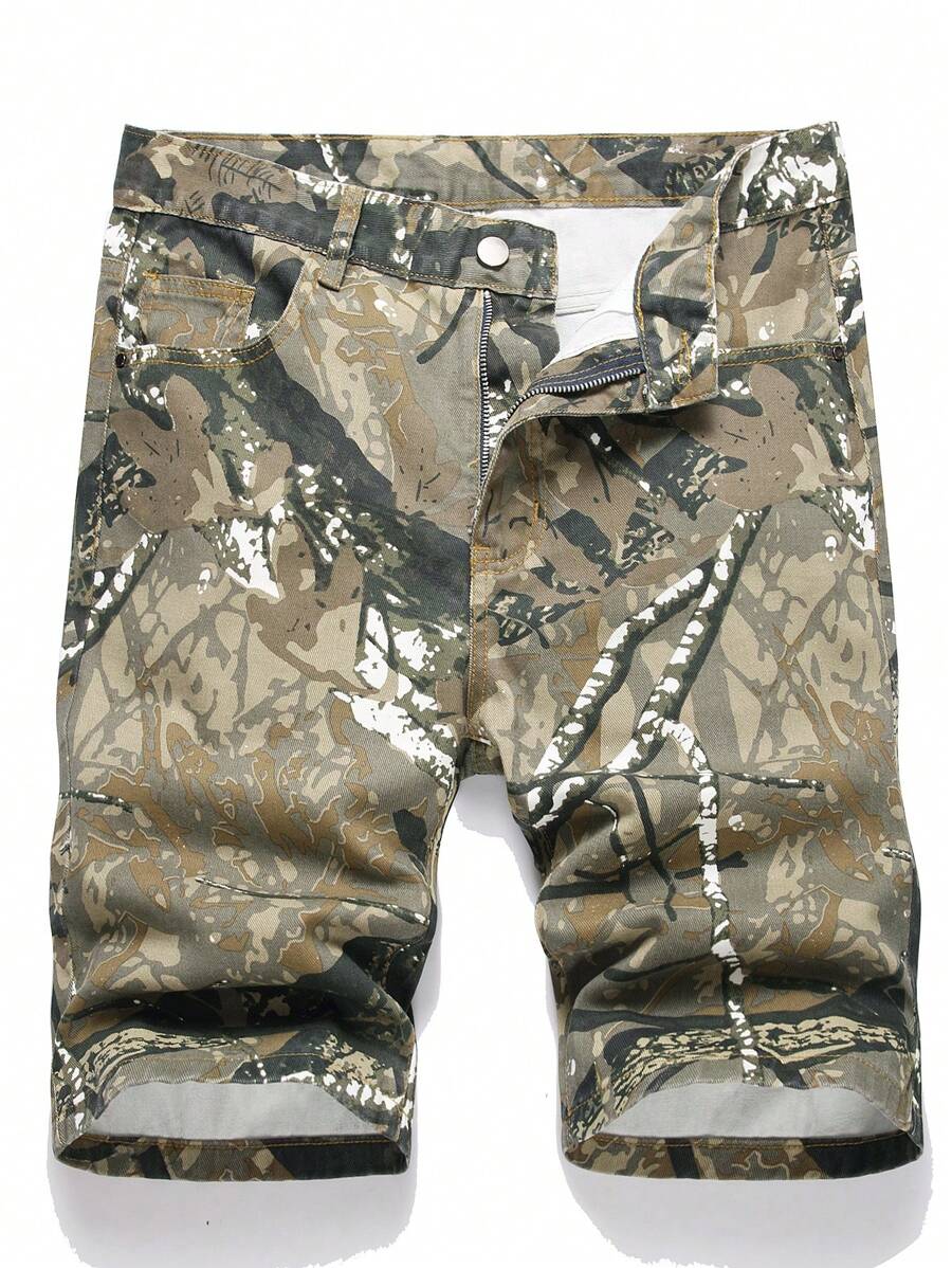 European And American Men Camouflage Ripped Denim Shorts - Multicolor - View 1