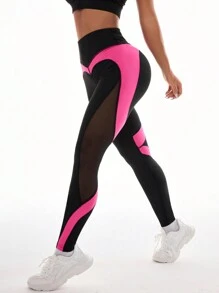 Easithlete Leggings deportivos en bloque de colores negro y rojo rosa, adecuados para correr, yoga y deportes al aire libre - Negro - Ver 2