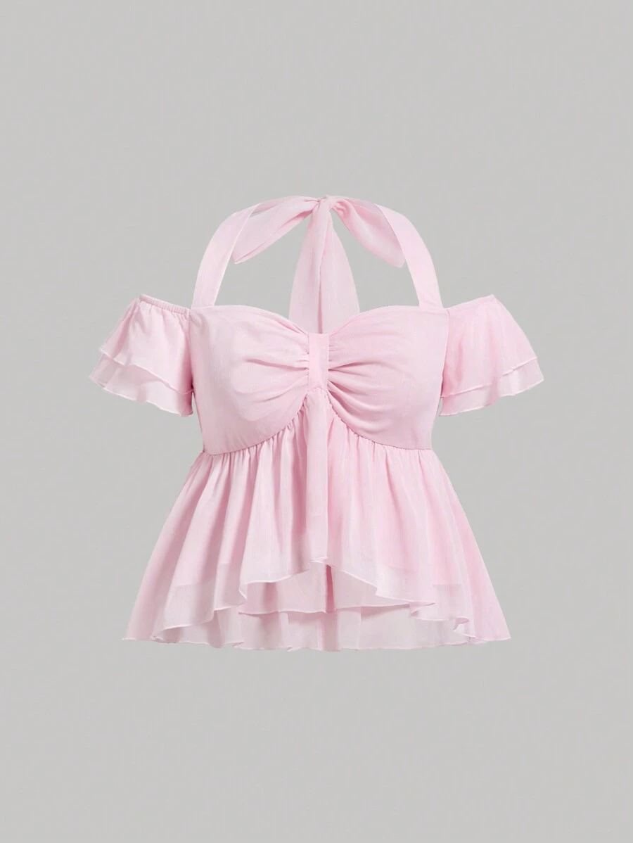 SHEIN MOD Plus Size Light Pink Ruffled Trim Hang Neck Ribbon Cute And Soft Summer Vacation Style Blouse - Baby Pink - View 1