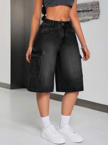 SHEIN ICON 女士春夏寬鬆牛仔寬腿短褲 - 黑色 - 查看 4