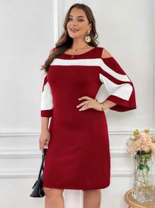 SHEIN Clasi Plus Size Women's Elegant And Fashionable Color Block Midi Dress With 3/4 Sleeves For Spring And Summer