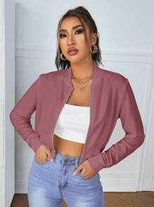 SHEIN Essnce Solid Color Baseball Collar Long Sleeve Zipper Jacket In Fall/Winter - Dusty Pink - View 1