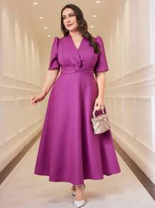 Modelyn 大码 V 领扭纹设计纯色泡泡袖连衣裙长款晚礼服