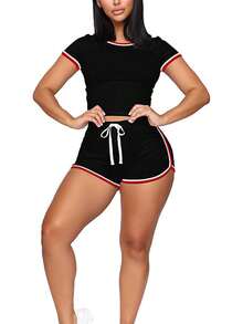 Summer Women Solid Color Splice Short Sleeve Casual Two Pieces Set - Black - View 4