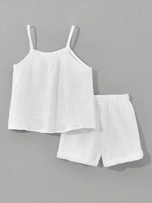 SHEIN 年輕女孩夏季簡約休閒兩件套裝：寬鬆細肩帶背心上衣與折邊短褲 - 白色 - 查看 2