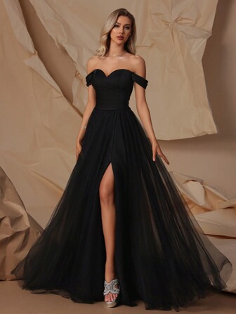 VIPGIRL High-End Evening Dress, Sexy And Elegant, Off Shoulder Long Dress, Luxury Adult Ceremony Dress For Catwalk/Show, Black Formal Prom Wedding Guest Gown, For Graduation, Dinner Party Dress