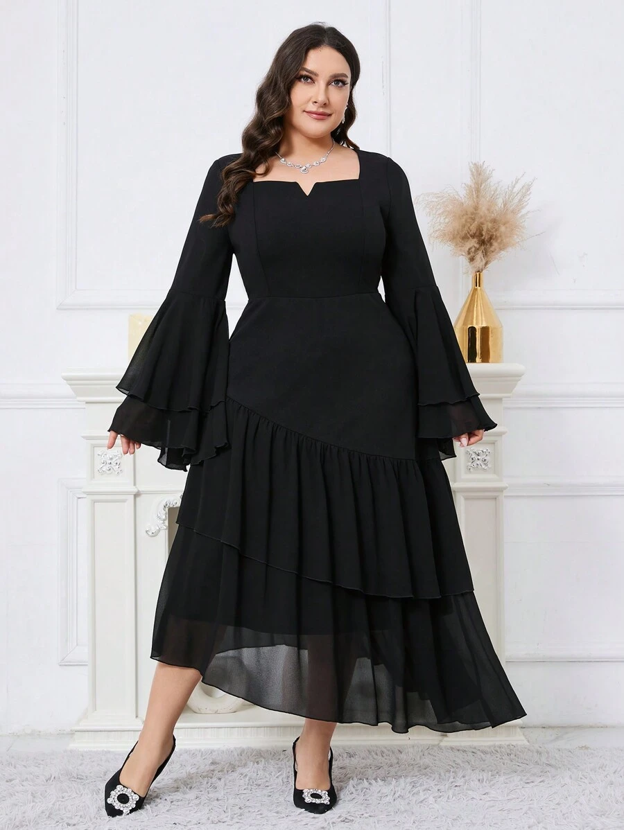 Modelyn 加大码纯色荷叶边下摆喇叭袖连衣裙，优雅晚会礼服长款晚礼服