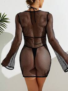 SHEIN Swim Ladies Fashionable Net Design Long Sleeve Beach Cover-Up Summer