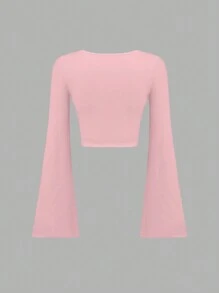Sweetra Camiseta de mujer con manga acampanada corta de unicolor de moda