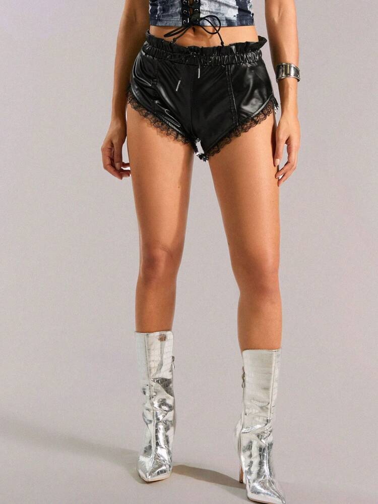 Women Leather Shorts With Lace Trim Decoration