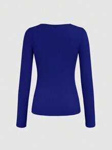 INAWLY Women Fashion Solid Color Slim Fit Rib-Knit T-Shirt Fall Cloth For Women - Blue - View 2