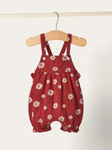 SHEIN Newborn Baby Girl Cute Casual Solid Color Lace Collar Short-Sleeved Shirt & Floral Pattern Overalls Shorts Outfit, Suitable For Summer