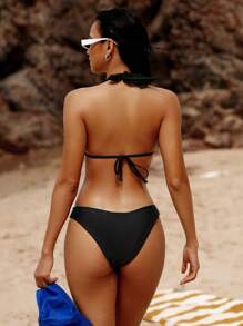 SHEIN Swim Solid Color Bikini Set With Metal Decoration, Detachable Top And Bottom For Beach Vacation, 2pcs/Set Summer Beach