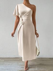 Chiquease Vestido elegante con un solo hombro y cintura plisada - Albaricoque - Ver 5