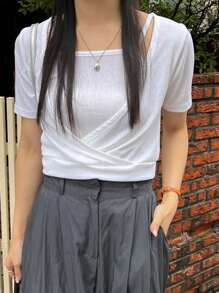 DAZY Ladies' Solid Ruched T-Shirt And Cami Top, Summer Casual Two-Piece Set