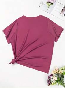 SHEIN LUNE 大碼女性簡約印花圓領短袖夏季T恤 - 玫紅色 - 查看 2