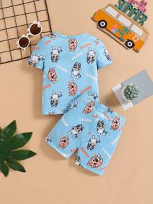 Baby Boy Cartoon Dog Print Round Neck Short Sleeve Top And Shorts Home Wear Snug Fit - Blue - View 2
