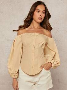 L'Amorae 优雅纯色露肩灯笼袖衬衫 - 卡其色 - 查看 3