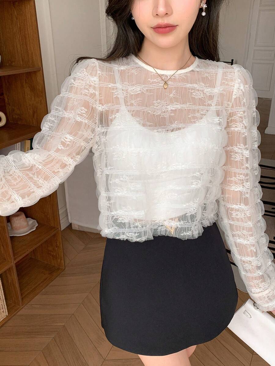 DAZY Women See-Through Long Sleeve Top For Daily Wear Sheer - Beige - View 1