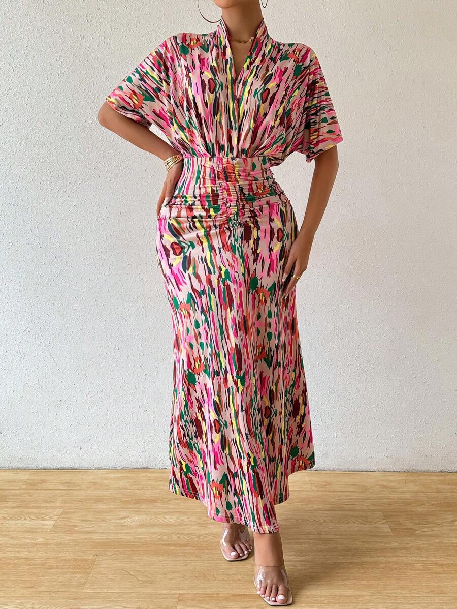 Breezaya 女式夏季印花 V 领蝙蝠袖连衣裙，腰部褶饰和鱼尾下摆超长女装