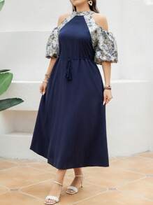 Mulvari Plus Size Elegant Floral Print Cold Shoulder Lantern Sleeve Belted Dress - Navy Blue - View 5