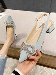 Fashionable Pointed Toe Chunky Heel Bowknot Crystal Rhinestone Women Flat Shoes With Closed Toe