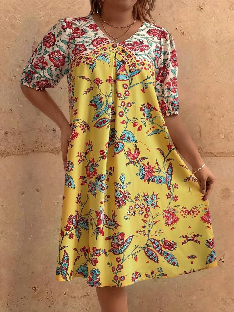 Vintage Style Floral Print Plus Size Simple Daily Dress
