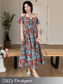 Dazy Designer Vestido de mujer con estampado floral, escote hombros descubiertos, cuello halter y diseño de vestido de verano