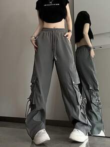 Casual Solid Color Lace-Up Pocket Cargo Pants - Light Grey - View 5