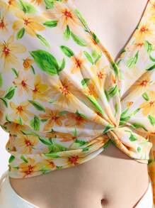 Maija 女士休闲花卉印花灯笼袖扭结短款衬衫，春夏 - 淡紫色 - 查看 7