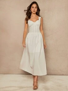 L'Amorae Ruched Bustier Solid Elegant Sleeveless Maxi Dress - White - View 5