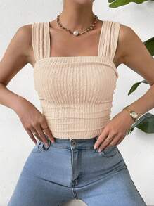 Chiquease Women Solid Color Textured Pleated Cropped Tank Top With Wide Strap - Apricot - View 3