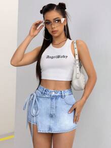 SHEIN EZwear 女士不規則裁剪束口牛仔短褲 - 淺色水洗藍 - 查看 6