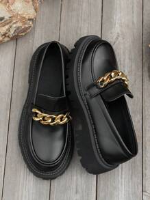 Thick-Soled Loafers With 4.5cm Gold Chain Decoration To Enhance Height, Fashionable Black Leather Slip-On Shoes