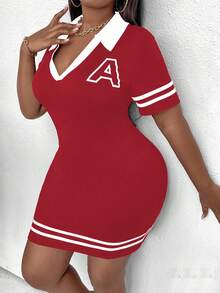 Maweii Plus Size Women Summer Short Sleeve Bodycon Dress With Turn-Down Collar, Letters And Stripes Print, Color Block Design - Burgundy - View 3