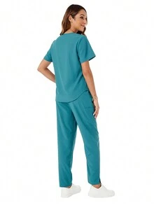 V-Neck Top & Straight Pants Scrub Uniform Set - Dark Green - View 2
