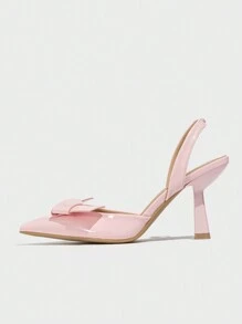 女款尖頭蝴蝶結裝飾釘高跟鞋，開放後跟，時尚粉色PU專利皮革鞋款，適用於春夏派對和家庭聚會 - 粉色 - 查看 7