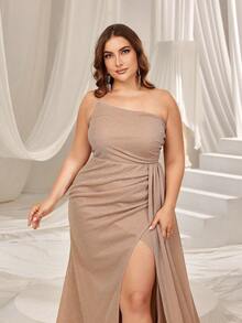 Vestido formal de noche elegante con un hombro, drapeado lateral y pliegues con brillo, para graduación, cena, fiesta de graduación y boda como invitada - Champán - Ver 6