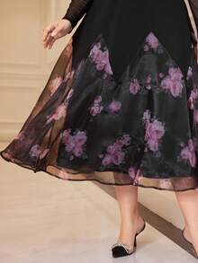 Modelyn 大码女式优雅圆领网眼长袖花卉印花长裙，花朵拼布设计，适合春夏季，优雅晚会礼服 - 黑色 - 查看 4