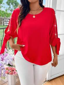 EMERY ROSE Plus Size Faux Pearl Beaded Round Neck Hollow Out Tie Front Summer Casual Shirt For New Year Clothes