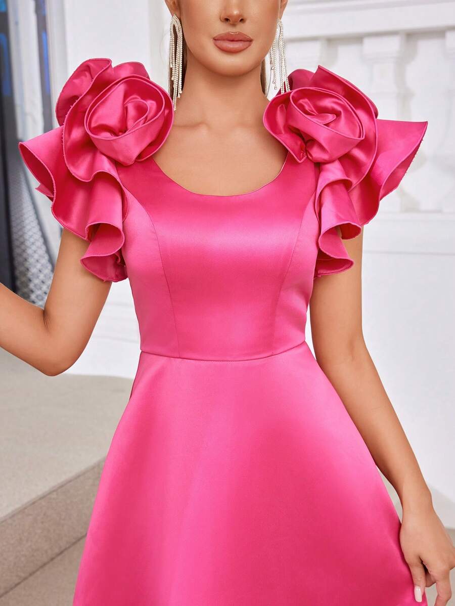 SHEIN Belle 优雅时尚的玫瑰红缎面 3D 花朵装饰方形领口 A 字形复古公主毕业正式优雅晚礼服舞会婚礼宾客礼服，适合晚宴 - 玫紅色 - 查看 1