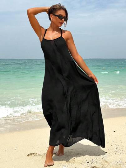 Swim Lushoire فستان لون سادة للسيدات المناسب لقضاء الأجازات والرحلات، فستان شاطئ ربيعي / صيفي