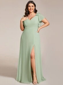 Chiffon Split Thigh Ruffle Trim Bow Shoulder Bridesmaid Dress - Mint Green - View 5