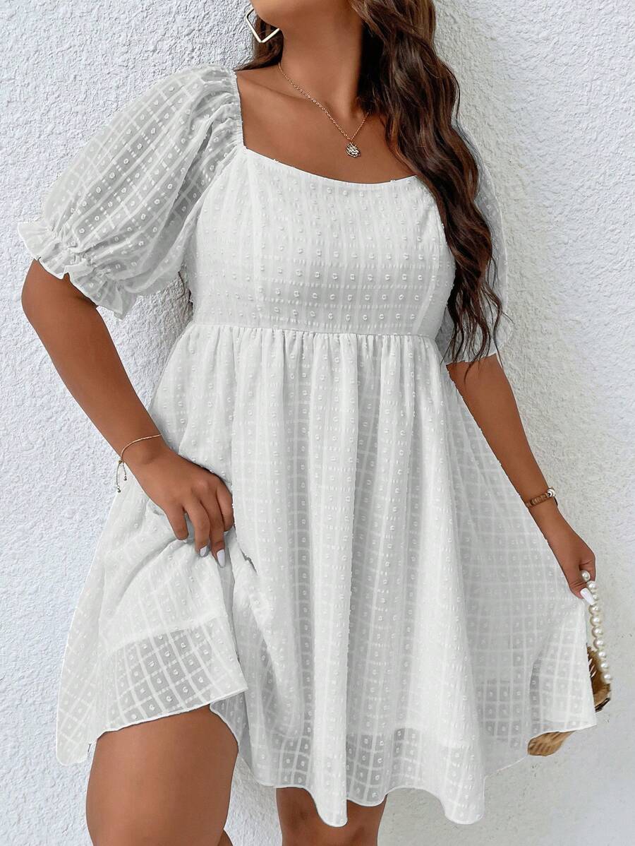 Flirla Plus Size Women Simple Solid Color Ruffle Trim Decorated Dress - White - View 1